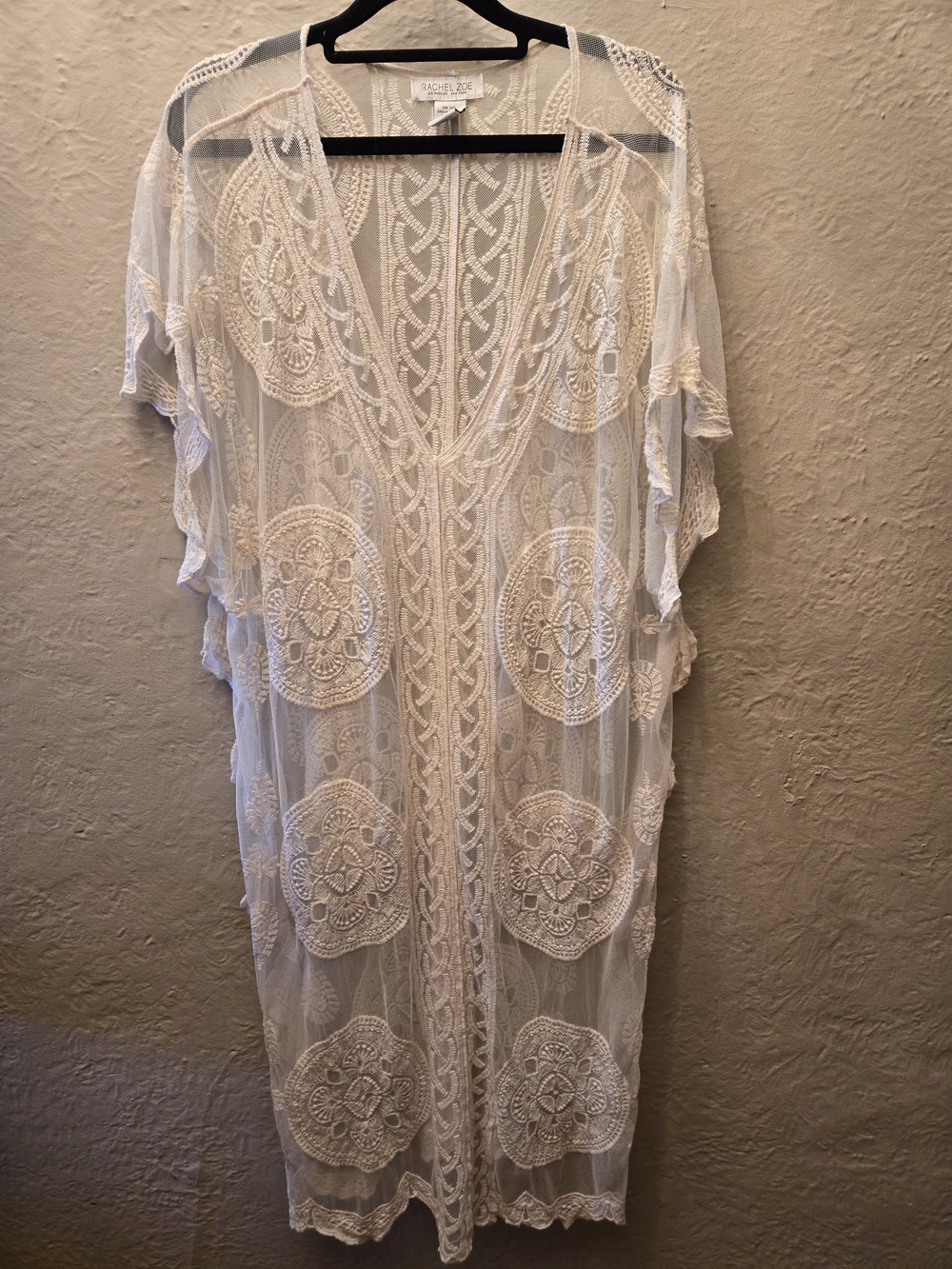 Rachel Zoe Ivory Lace Kimono Duster Sheer Embroidered Boho Cover Up OS